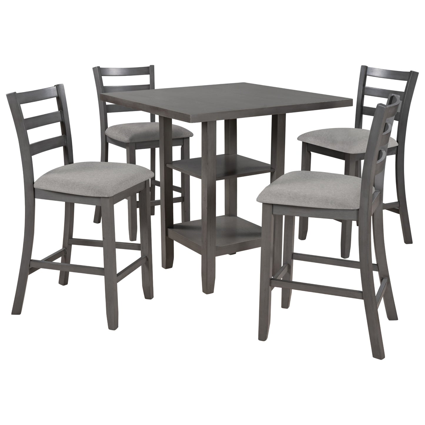 5 Piece Wooden Counter Height Dining Set With Padded Chairs, Storage Shelving