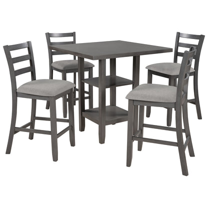 5 Piece Wooden Counter Height Dining Set With Padded Chairs, Storage Shelving