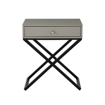 Koda - Wooden End Side Table Nightstand With Glass Top, Drawer And Metal Cross Base