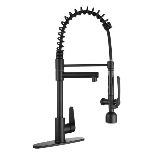 Kitchen Sink Faucet With LED Pull Down Sprayer, Single Handle High Arc Faucet, Dual Spouts, Deck Mount - Matte Black
