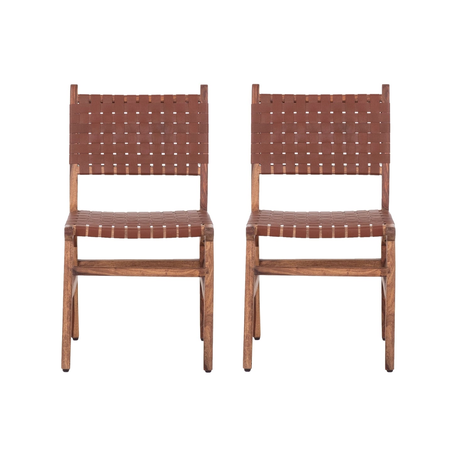 Rustic Wooden Dining Chair (Set of 2) With Genuine Leather Woven Upholstery - Brown