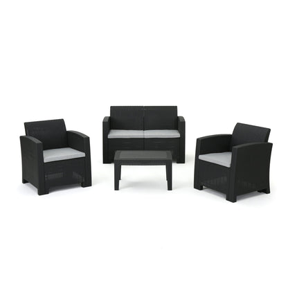 Zephyra - Outdoor 4 Piece Faux Wicker Rattan Chat Set With Water Resistant Cushions - Gray