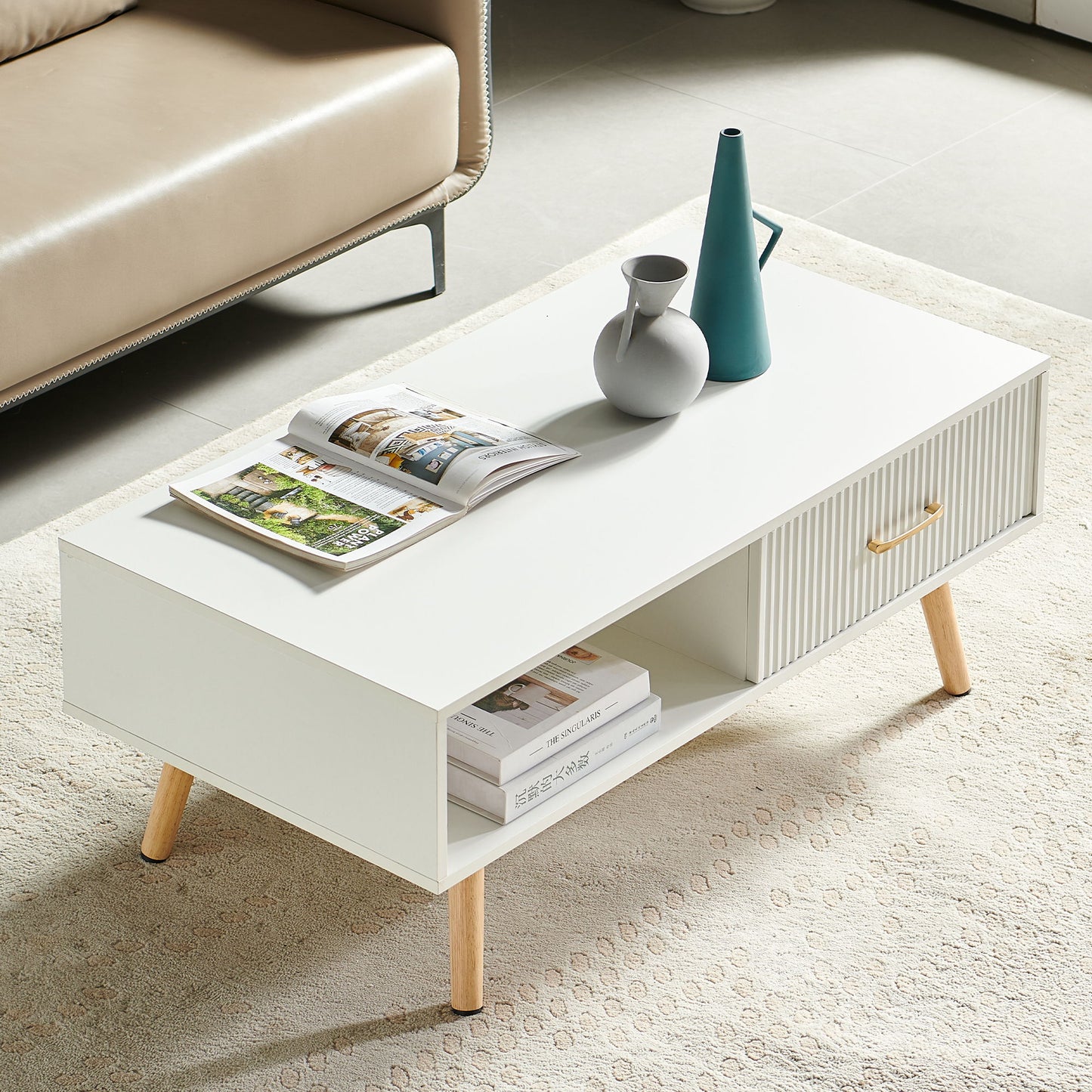 Modern Rectangle Coffee Table With Legs, Sliding Drawer For Storage - White