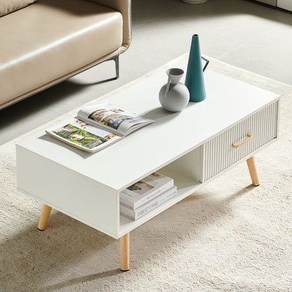Modern Rectangle Coffee Table With Legs, Sliding Drawer For Storage - White