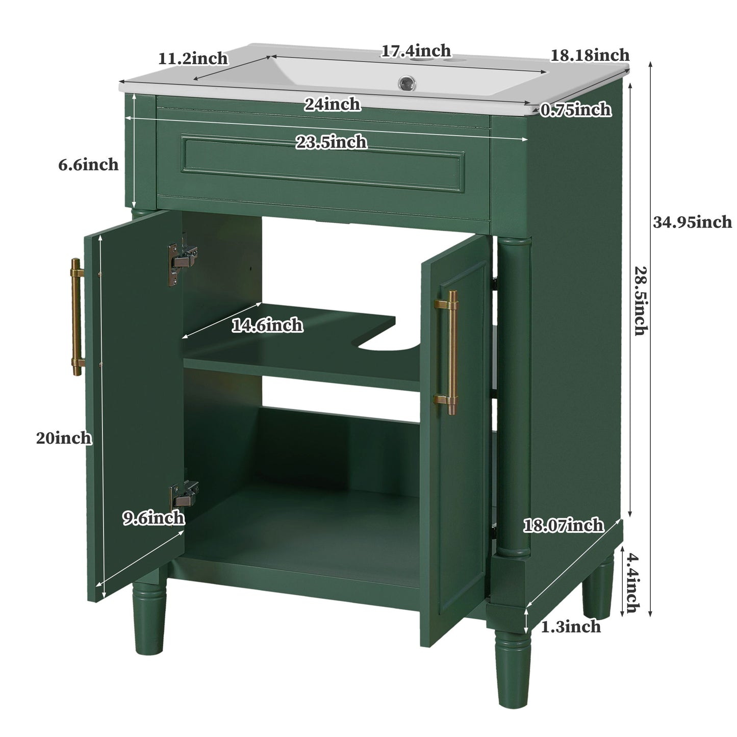 Bathroom Vanity With Integrated Sink, 2 Door Cabinet, Single Sink For Small To Medium Bathrooms