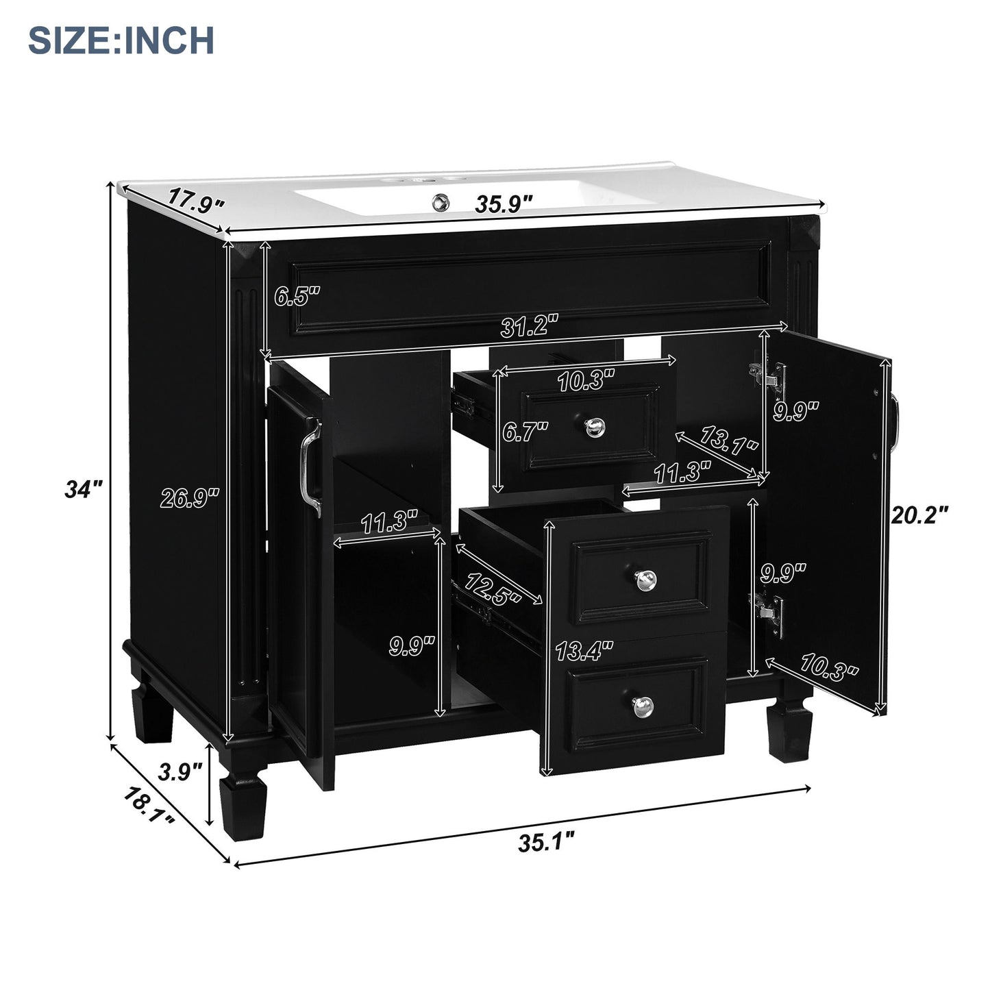 Bathroom Vanity With Top Sink, Basin On Cabinet With 2 Soft Closing Doors And 2 Drawers