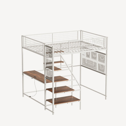 Metal Loft Bed With Built - In Charging Station And LED Light