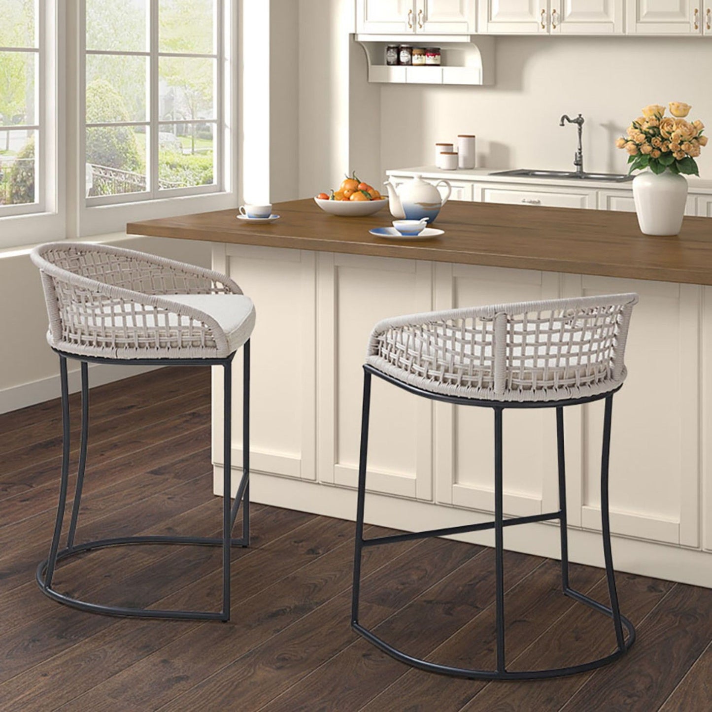 Coastal Woven Counter Stool With Upholstered Seat