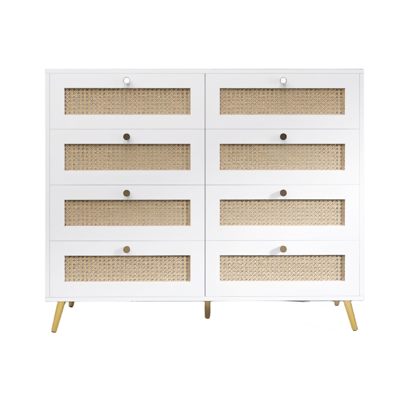 8 Drawers Chest Of Drawers With Rattan Drawer Face Golden Legs And Handles - White