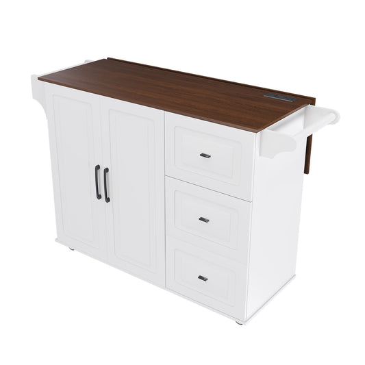 Kitchen Island Cart With Foldable Tabletop & Drop Leaf Mobile Breakfast Bar With Wood Top And Storage - White / Walnut
