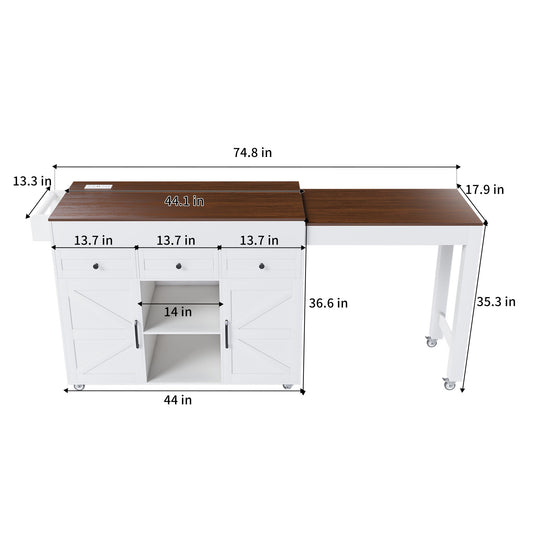 Modern Kitchen Island With Extendable Dining Table & Power Outlet - White
