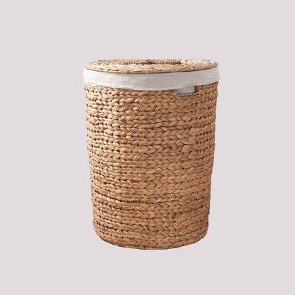 Round Tall Water Hyacinth Woven Wicker Laundry Hamper With Lid - For Clothes, Canvas, Toys And Book Storage With Removable Liner - 15" X 15" X 20" - Natural Brown