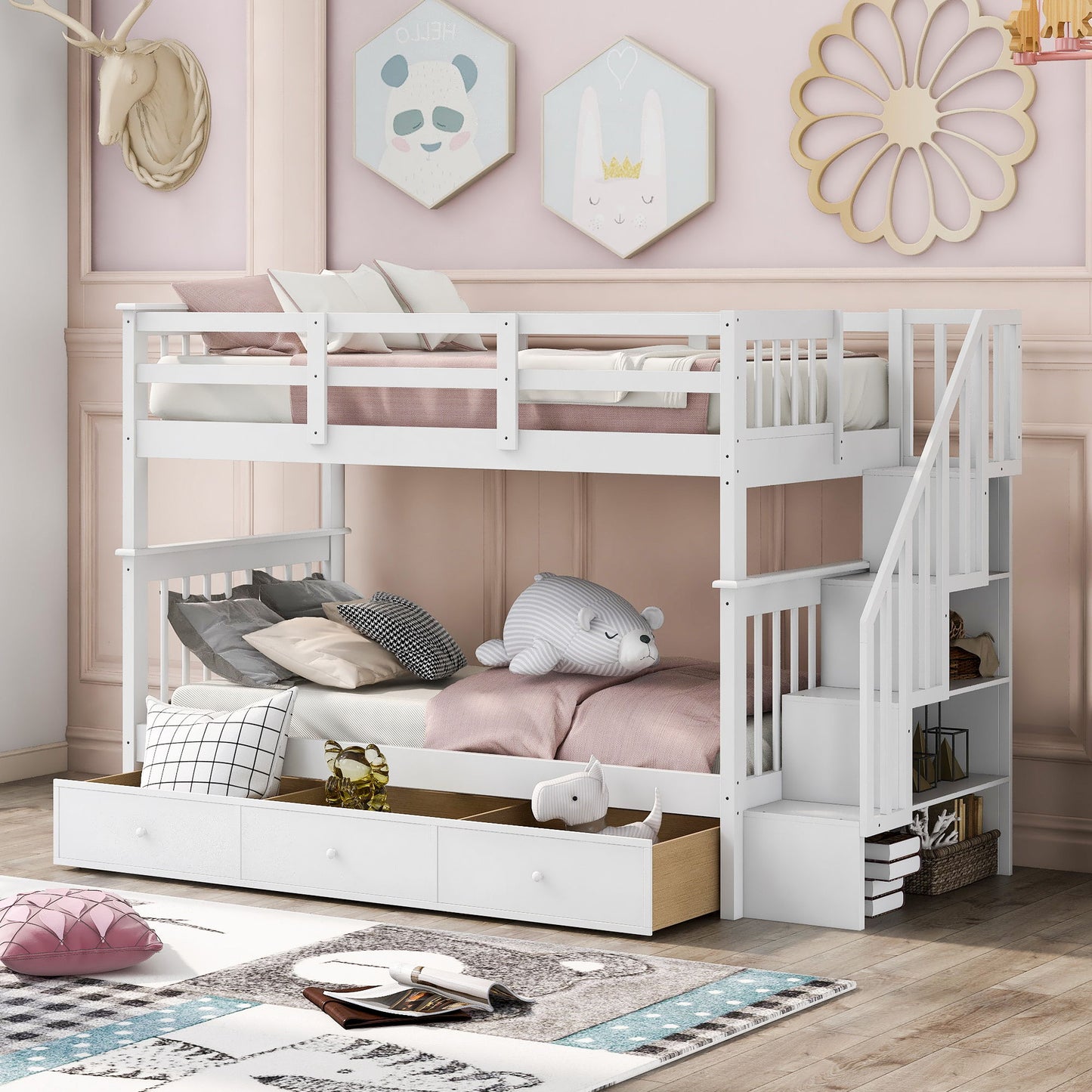 Stairway Bunk Bed With Storage And Guard Rail For Bedroom