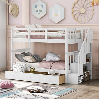 Stairway Bunk Bed With Storage And Guard Rail For Bedroom
