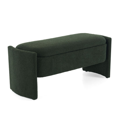Elegant Long Shaped Storage Ottoman Bench, Boucle Material, Simple And Grand Design - Dark Green