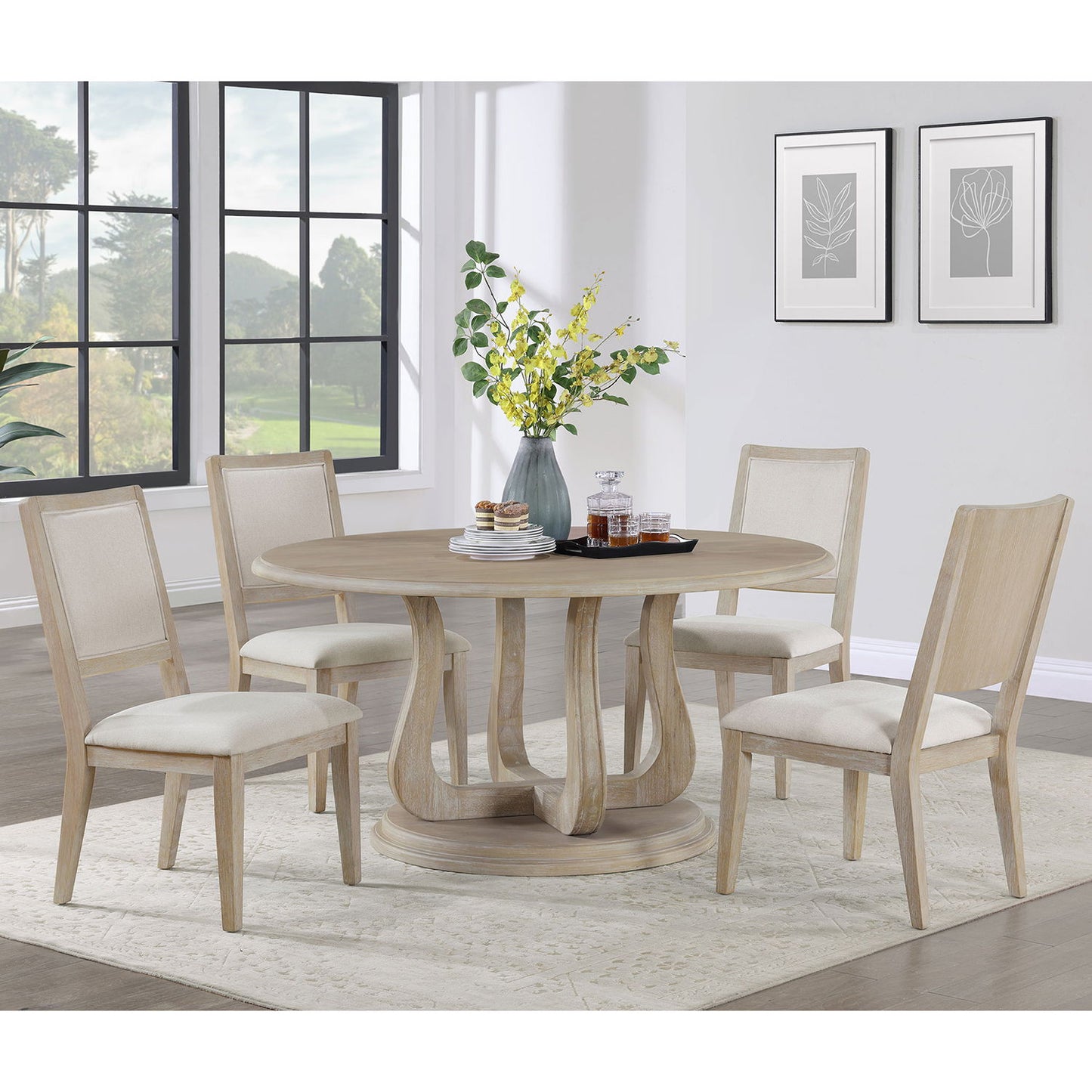 Rodota - 5 Piece Round Dining Table Set With Upholstered Chairs - White Washed