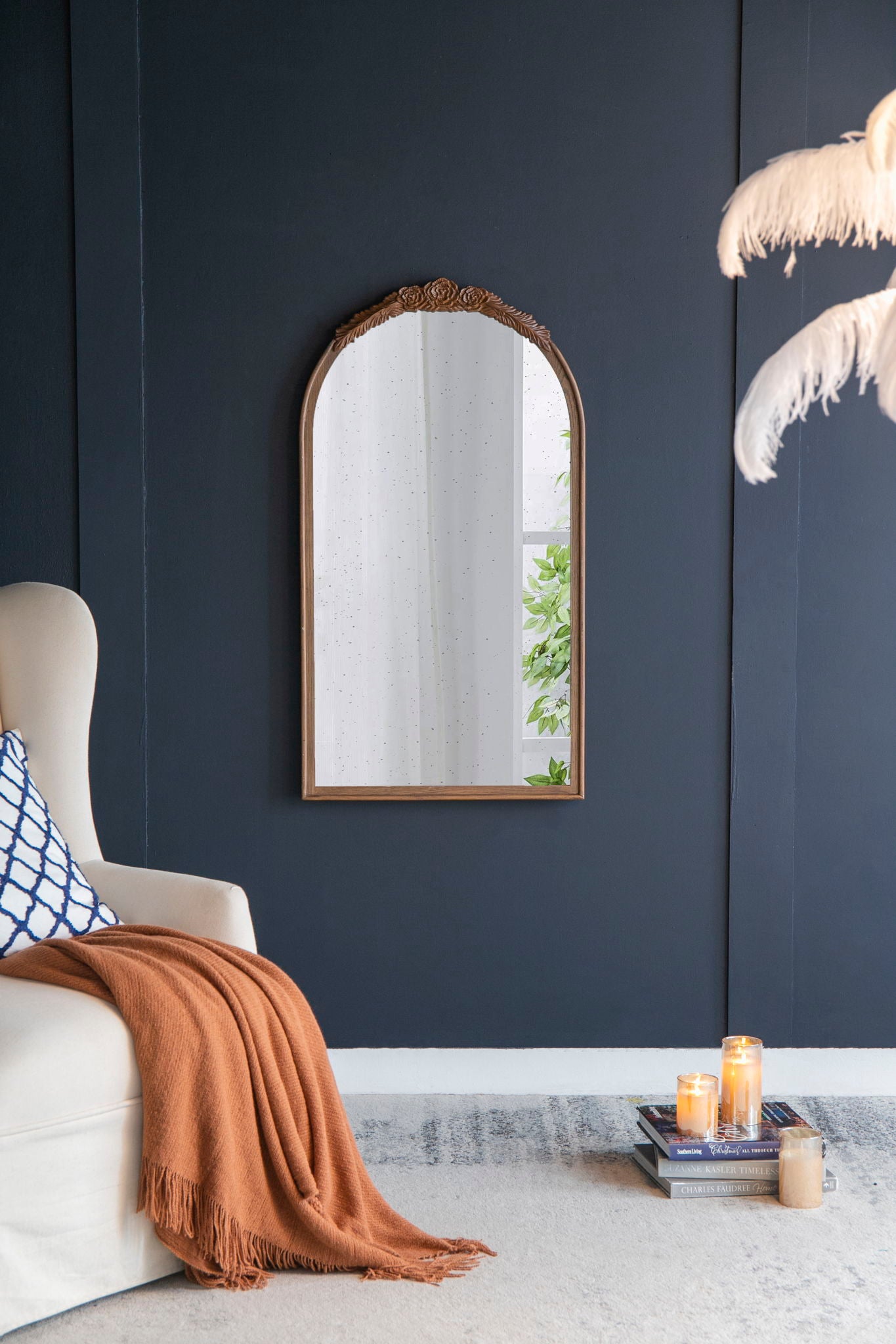 Hand Carved Rose Antique Mirror Frame, Wood Arch Mirror Wall Decor For Living Room