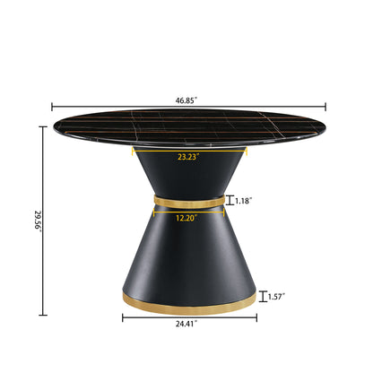 Marble Printed Round Dining Table - Black Columnar Base With Gold Annulus Not Including Chairs - Black