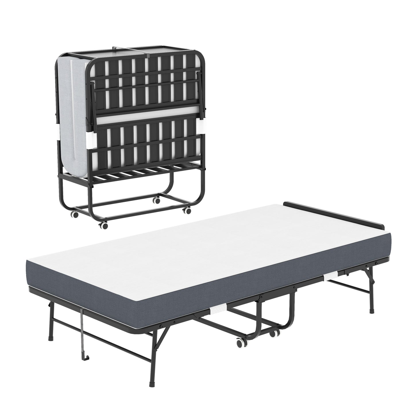 Twin Folding Bed With Adjustable Headboard, Memory Foam For Tall People, Heavy-Duty Portable On Wheels, Easy Assembly - Black