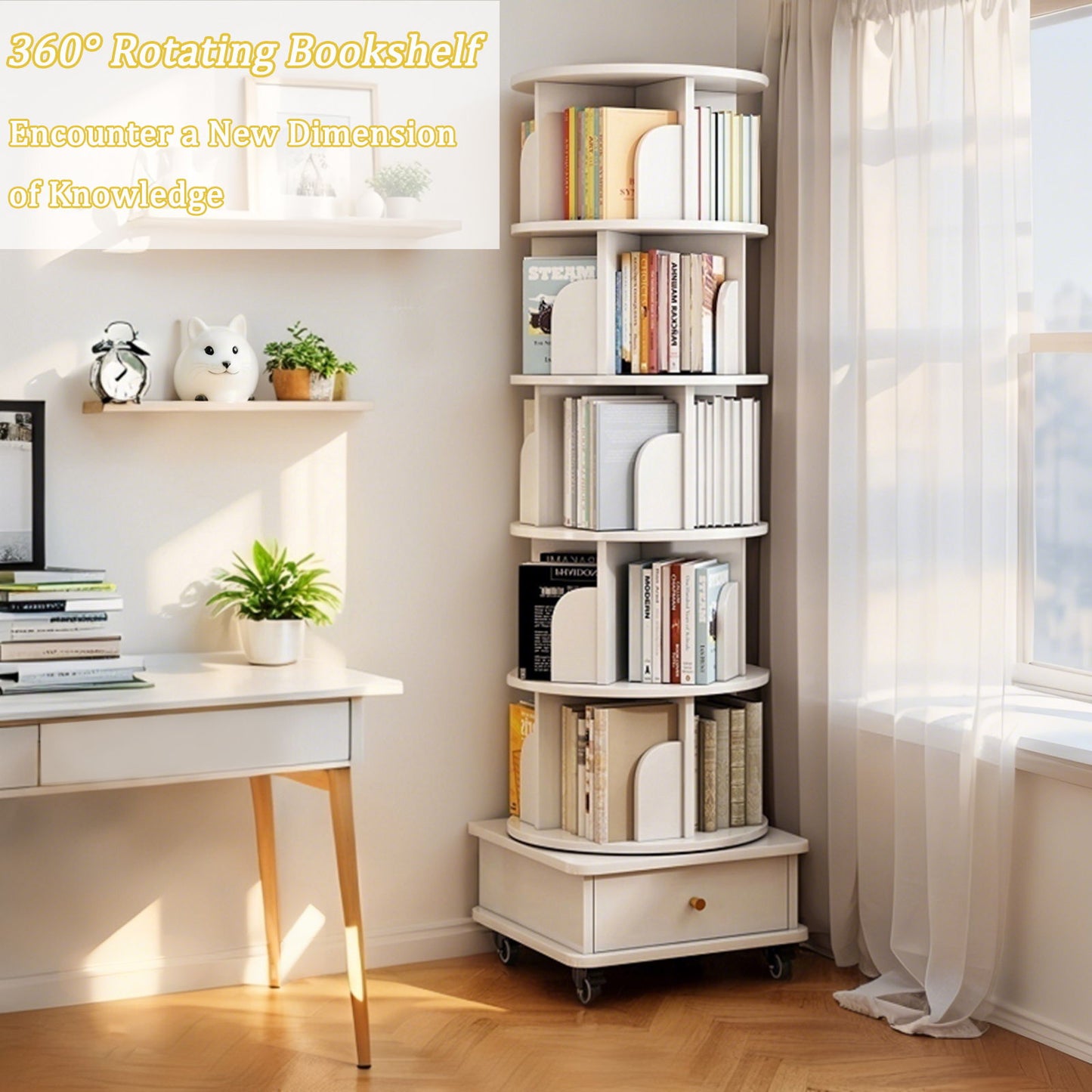 Rotating Bookshelf With Wheels And Drawer, 360° Spinning Design, Space Saving Storage