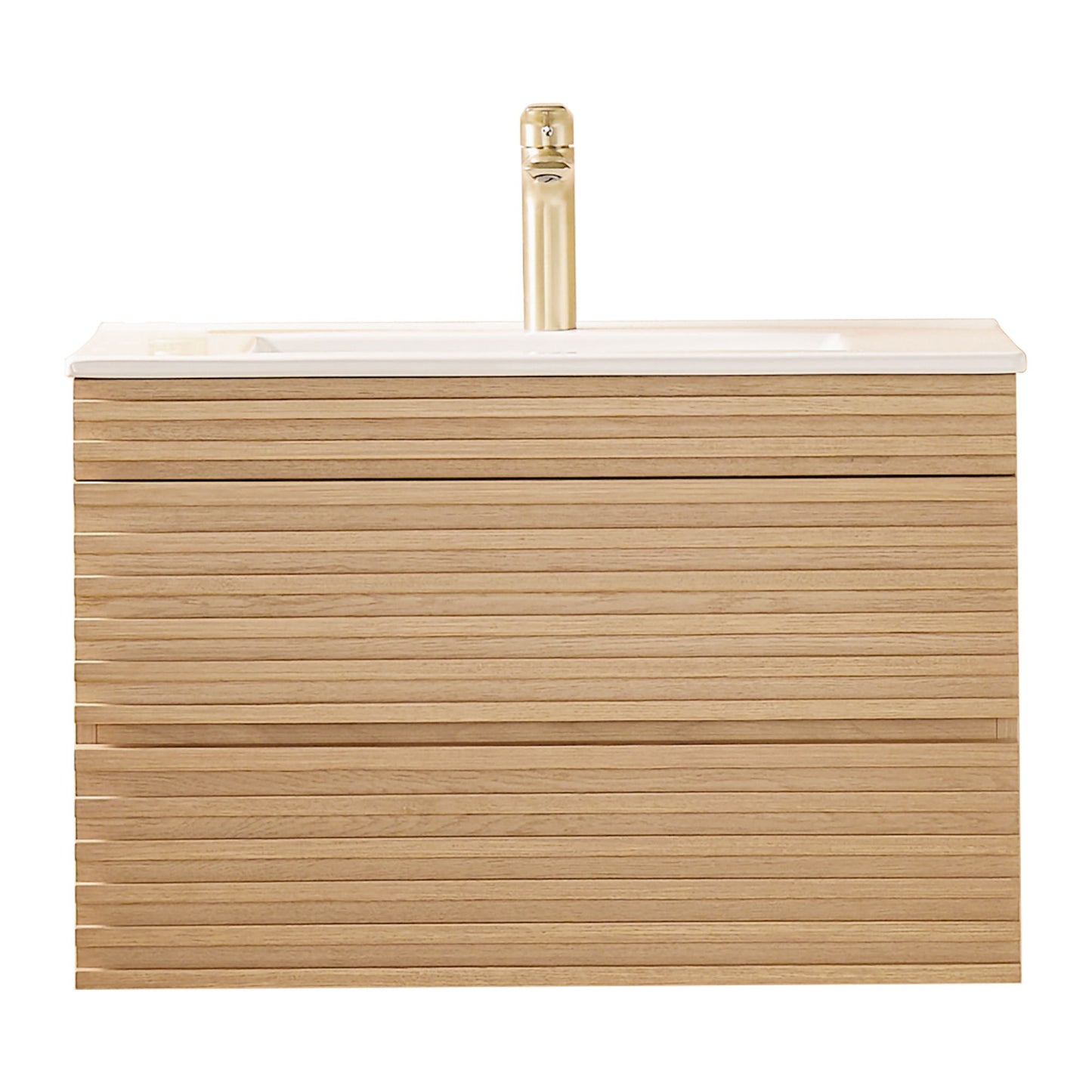 Wall Mounted & Floating Single Vanity With Ceramic Sink - Natural Walnut