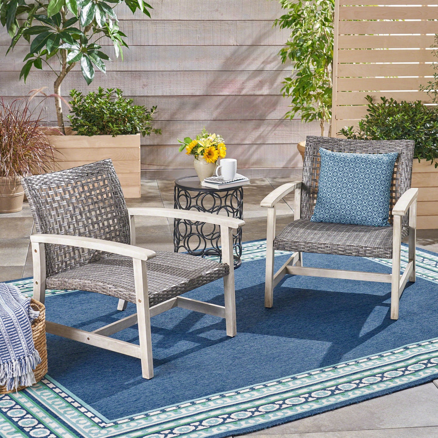 Outdoor Club Chair With Rattan Cover And Acacia Wood Frame - Gray