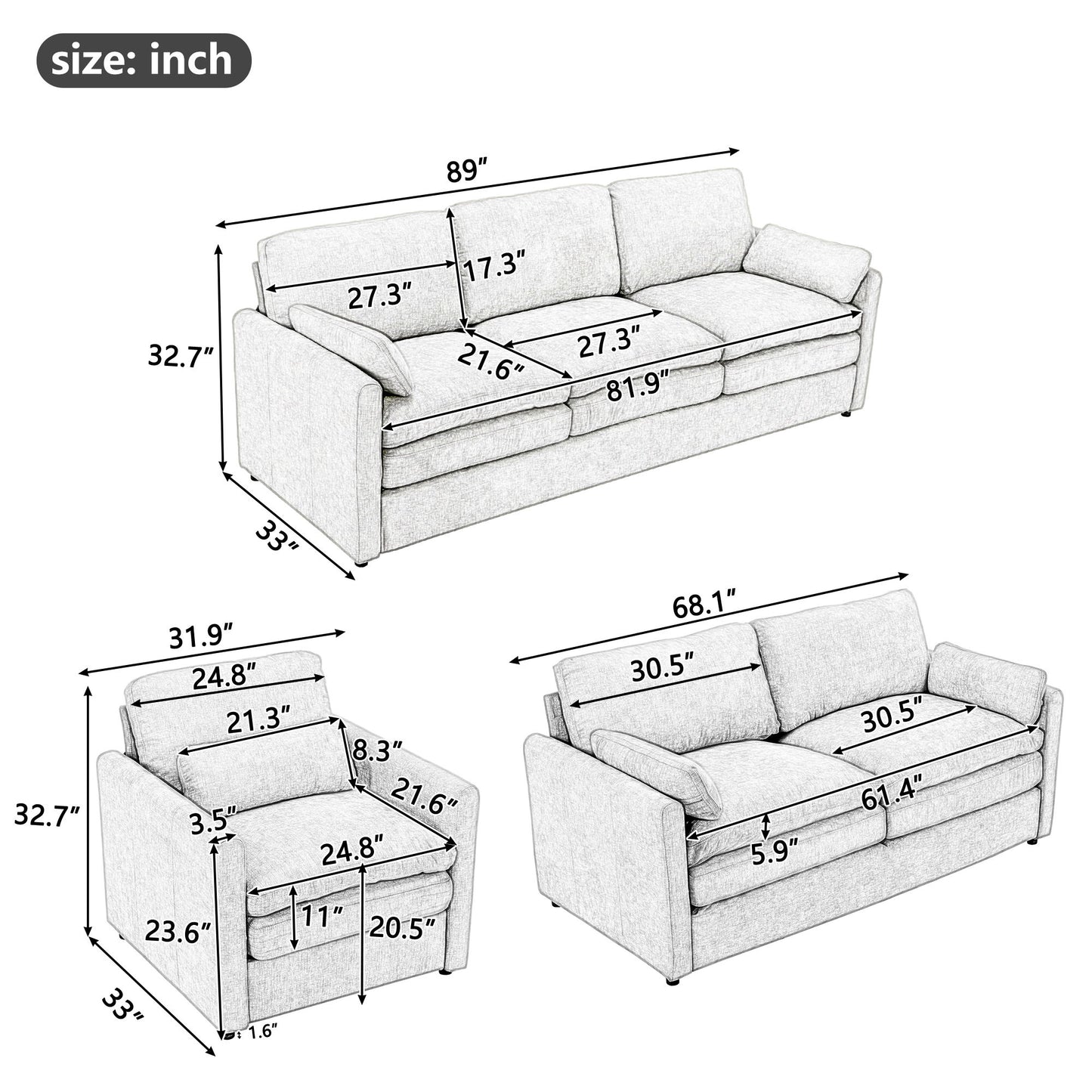 Cozy Upholstered Sofa Set For Living Room