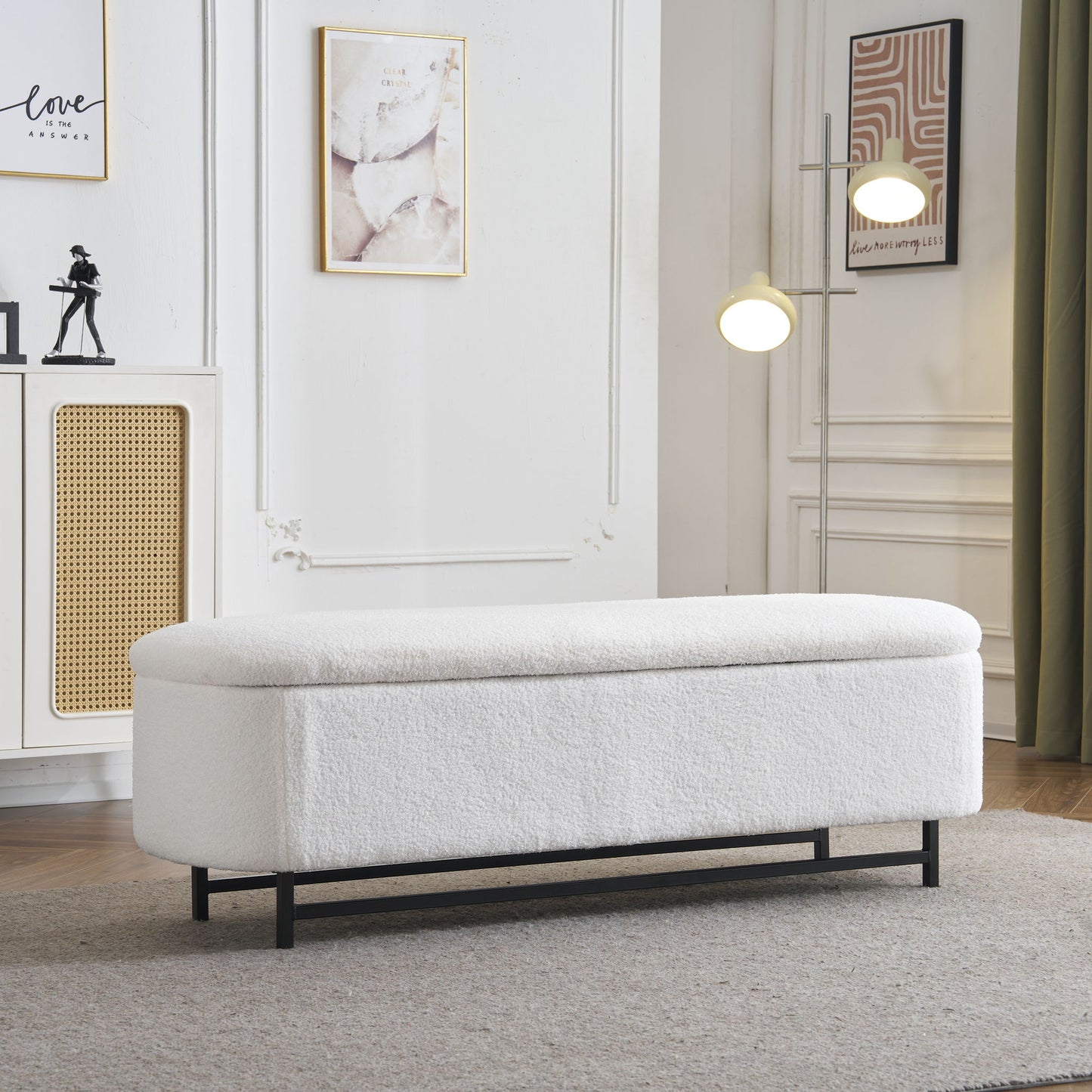 Modern Elegant Ottoman With Spacious Storage Function With Metal Feet - White / Black