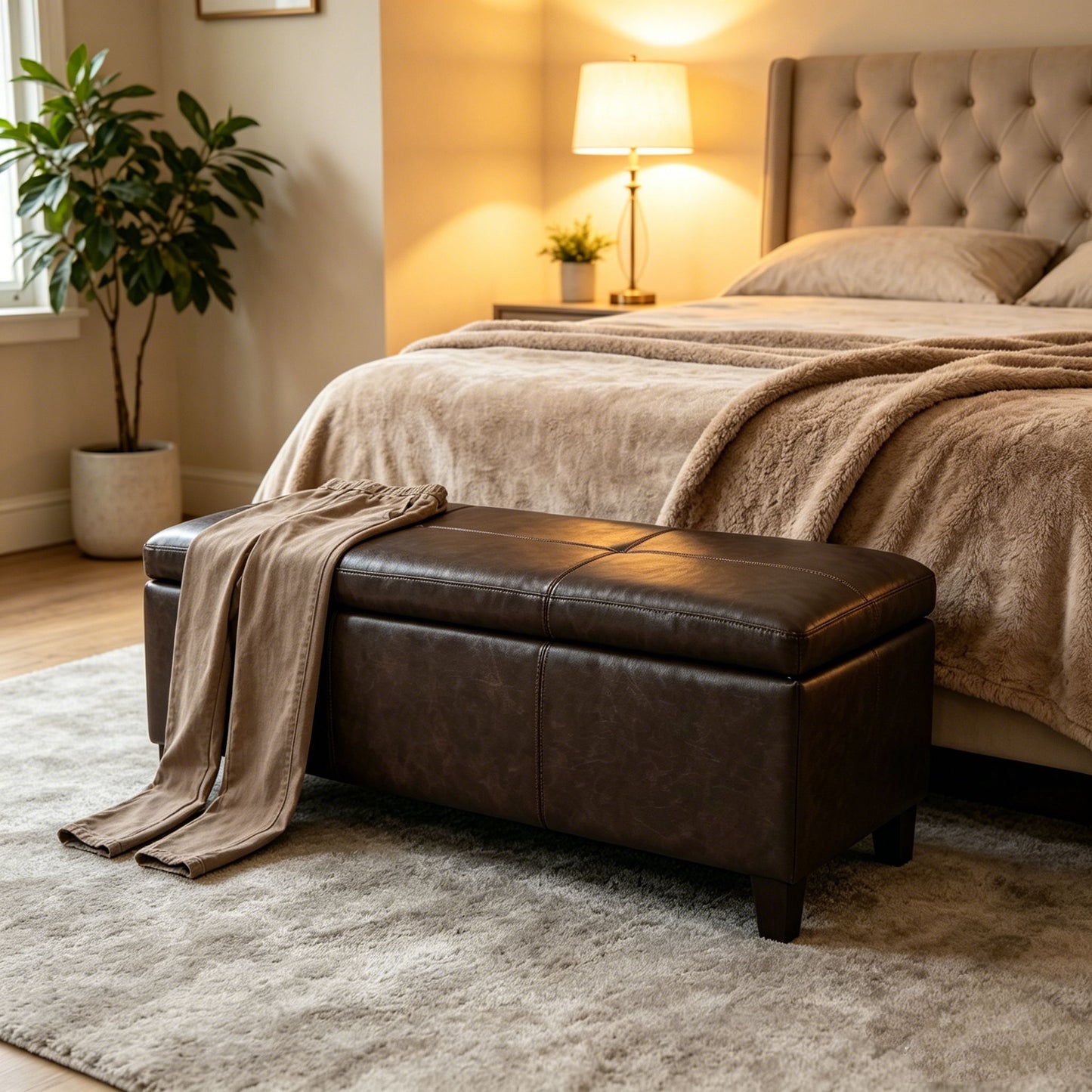 Rectangle Storage Ottoman Bench For Living Room - Brown