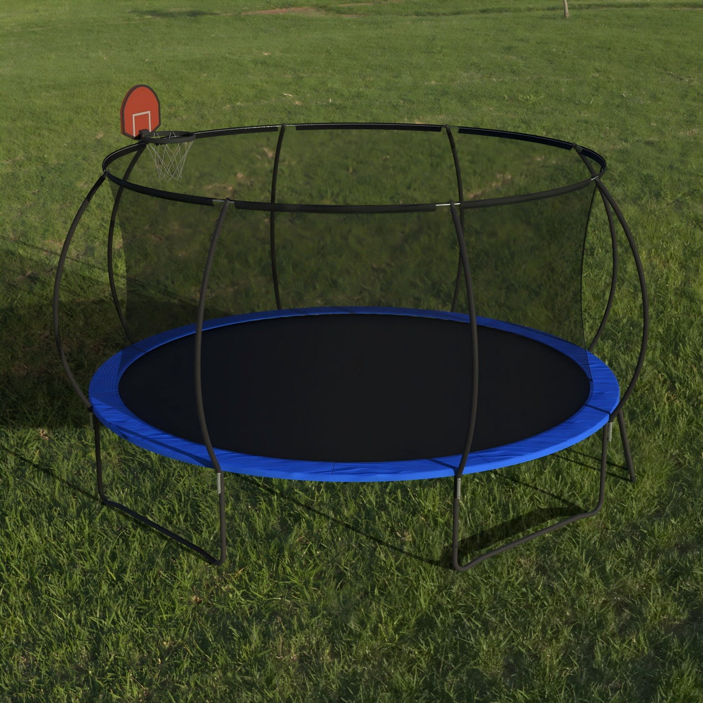 Pumpkin 14 Ft Outdoor Trampoline With Basketball Hoop Enclosure Net Ladder And Metal - Black / Blue