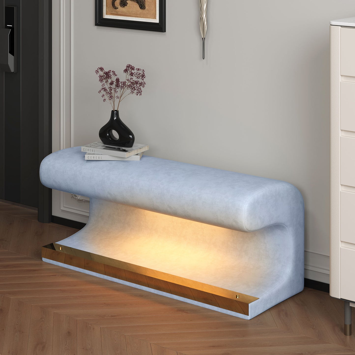 Modern Upholstered Entryway Bench With LED Sensor Light
