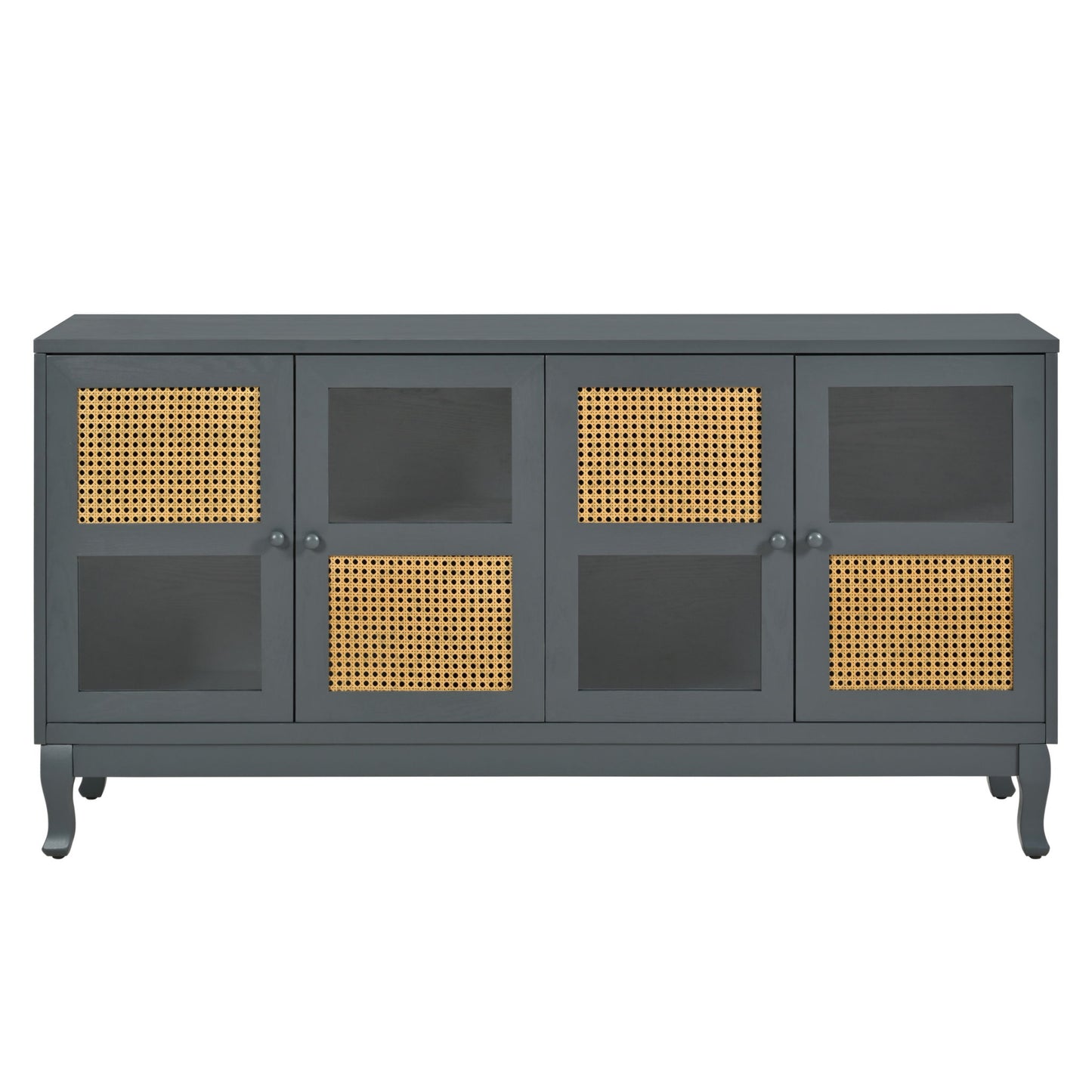 Retro Industrial 4 Door Sideboard With Large Storage, Rattan And Glass Doors