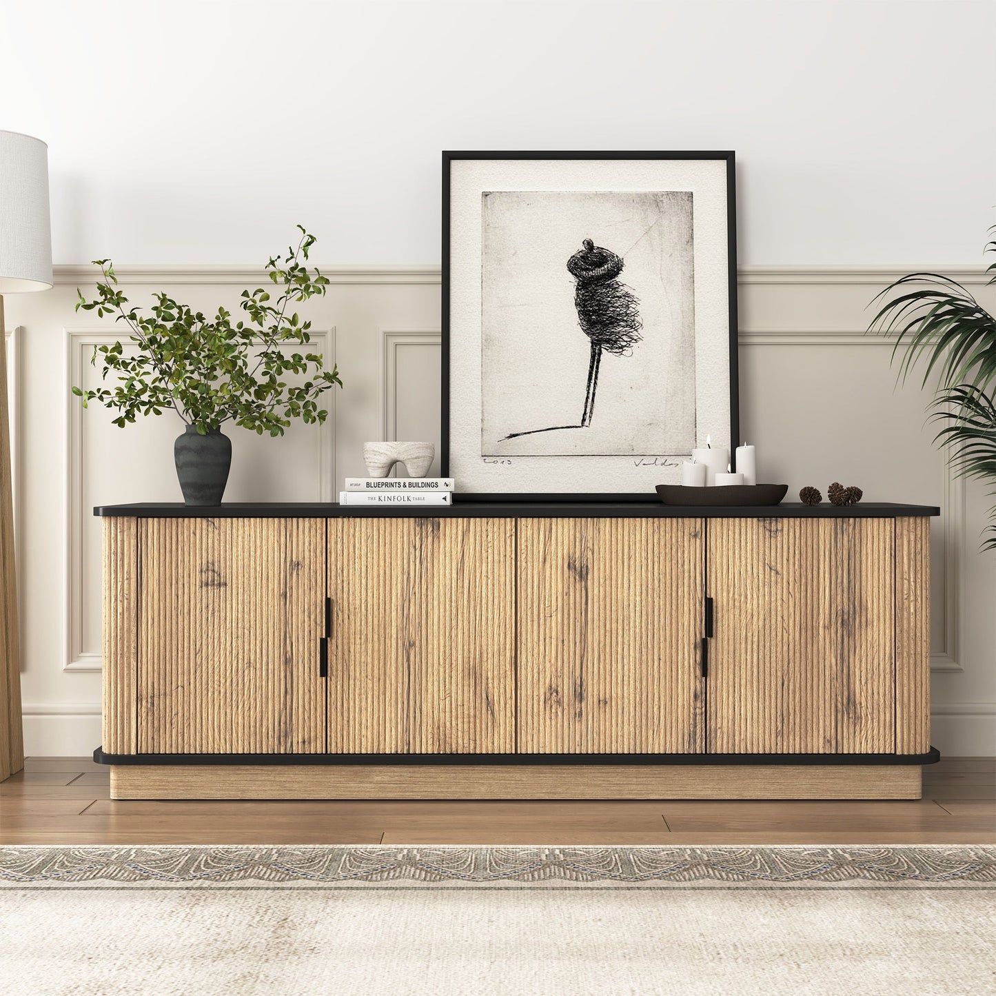 Grain 4 Door TV Cabinet, An Ideal Choice For TV And Item Storage In Modern Homes, A Perfect Blend Of Nordic And Modern Minimalist Styles - Black