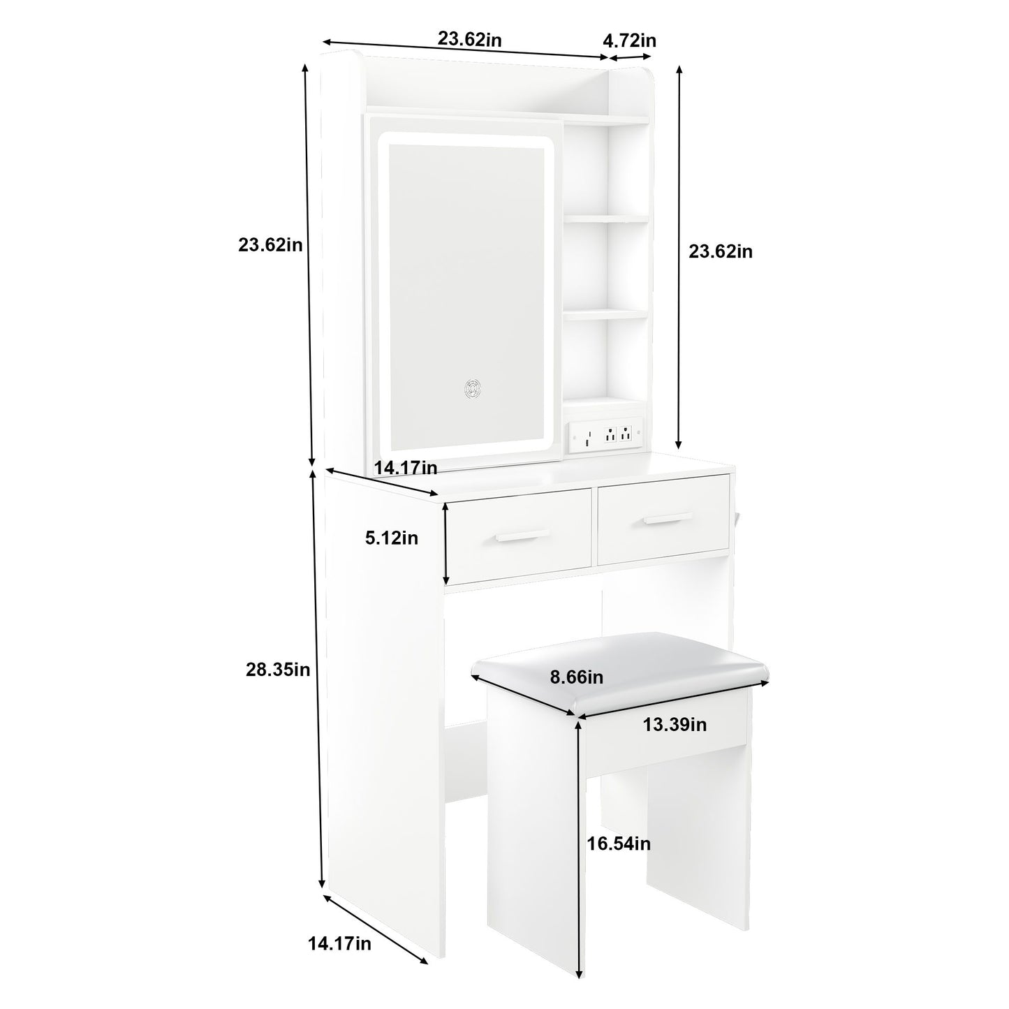 Space Saving Makeup Vanity Desk With Mirror & Adjustable Led Lights, Built-In Power Outlet, Hidden Storage, Includes Stool & Shelf - White