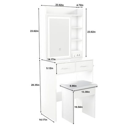 Space Saving Makeup Vanity Desk With Mirror & Adjustable Led Lights, Built-In Power Outlet, Hidden Storage, Includes Stool & Shelf - White