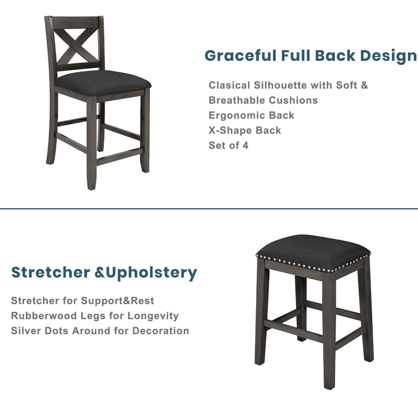 5 Pieces Counter Height Rustic Farmhouse Dining Room Wooden Bar Table Set With 2 Stools And 2 Chairs