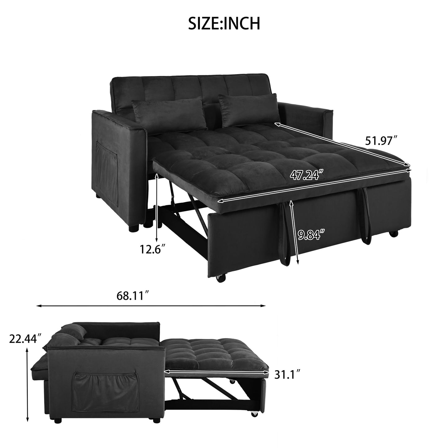 3 In 1 Pull Out Couch Convertible Sofa Bed With Reclining Backrest