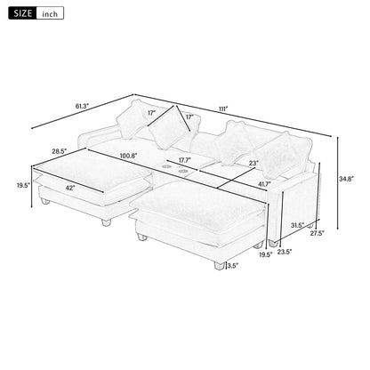 Sectional Sofa Chenille Upholstered Sofa With Two Removable Ottoman, Two USB Ports, Two Cup Holders And Large Storage Box For Living Room