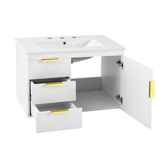 Wall Mounted Bathroom Cabinet With Side Cabinet Combo With Soft-Closing Doors And Drawers, Ceramic Sink