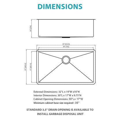 Gold Finish Undermount Stainless Steel Kitchen Sink 32" X 19" 16 Gauge Deep Single Bowl