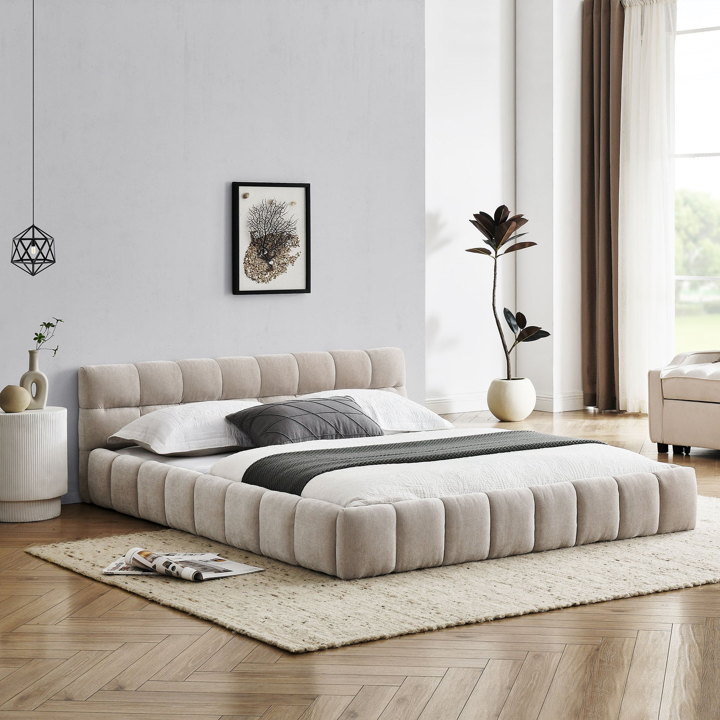 Modern Platform Bed Frame With Thick Chenille Fabric