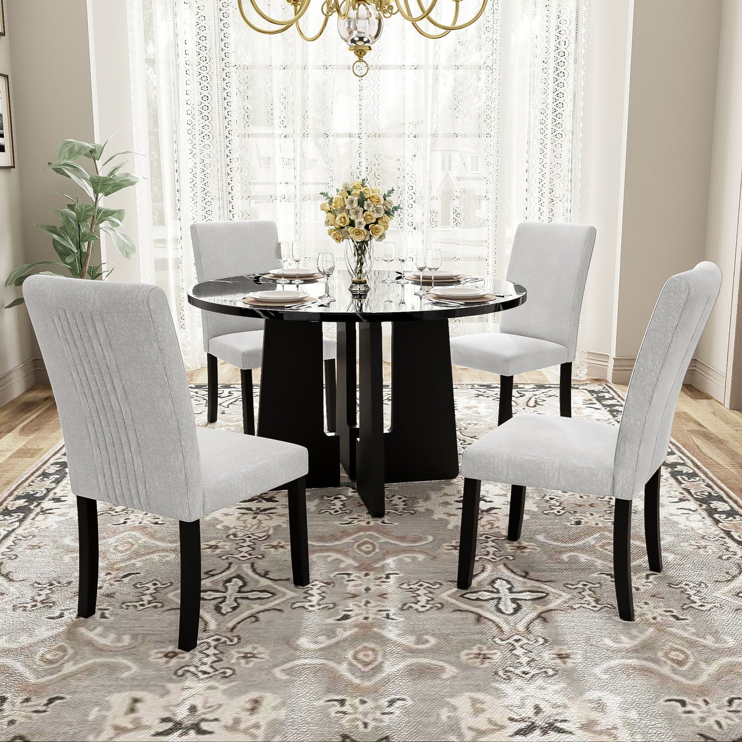 5 Piece Round Dining Table Set, Modern Dining Table And 4 Upholstered Chairs For Dining Room