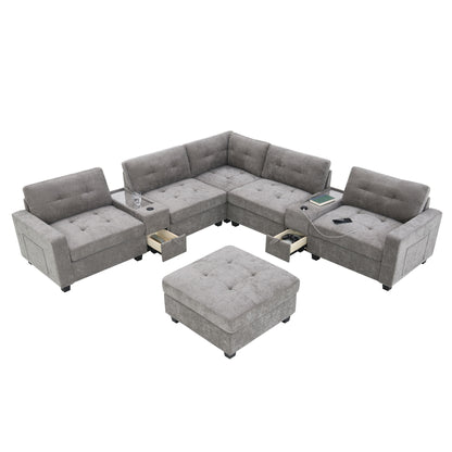 Sectional With Acrylic Table Top U Shaped Couch Set With 2 Consoles USB Charger, Storage Drawers And Pockets Movable Ottoman Tufted Sofa