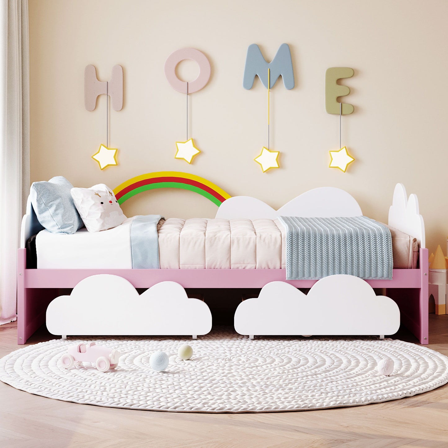 Twin Size Bed With Clouds And Rainbow Decor - Pink / White
