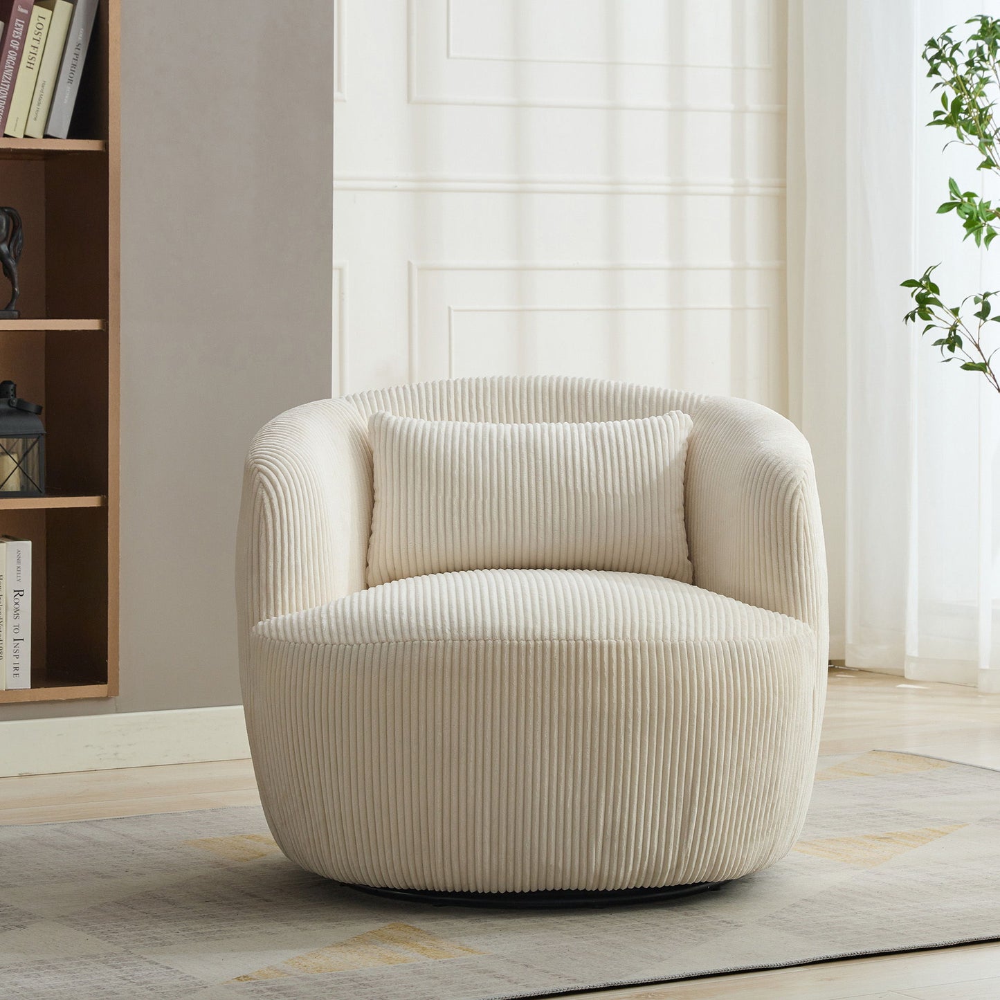 Wide Upholstered Corduroy 360° Swivel Barrel Soft Chair With Pillow