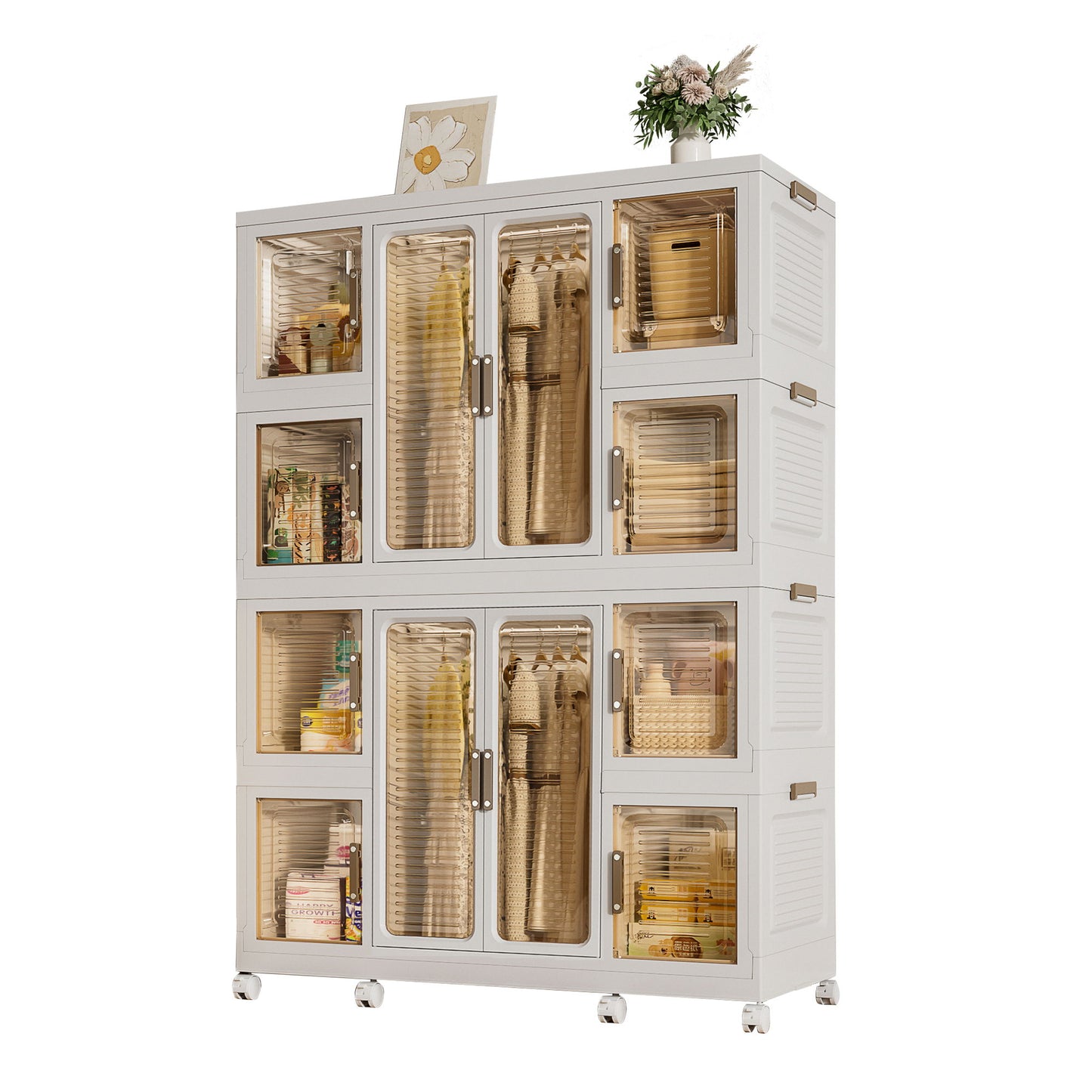 Portable Wardrobe Closet Storage Organizer For Clothes With Magnetic Doors, 12 Cubes & 2 Hanging Rods - White