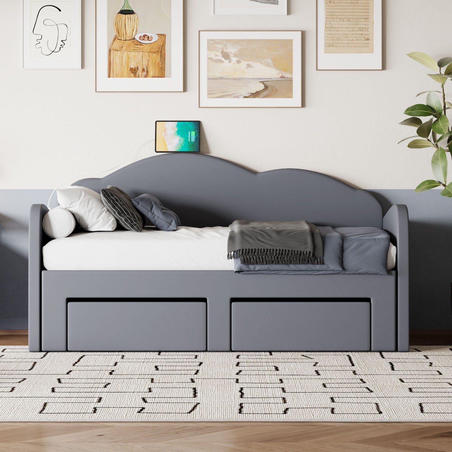 Upholstered Daybed With Cloud-Shaped Backrest, Trundle & 2 Drawers And USB Ports