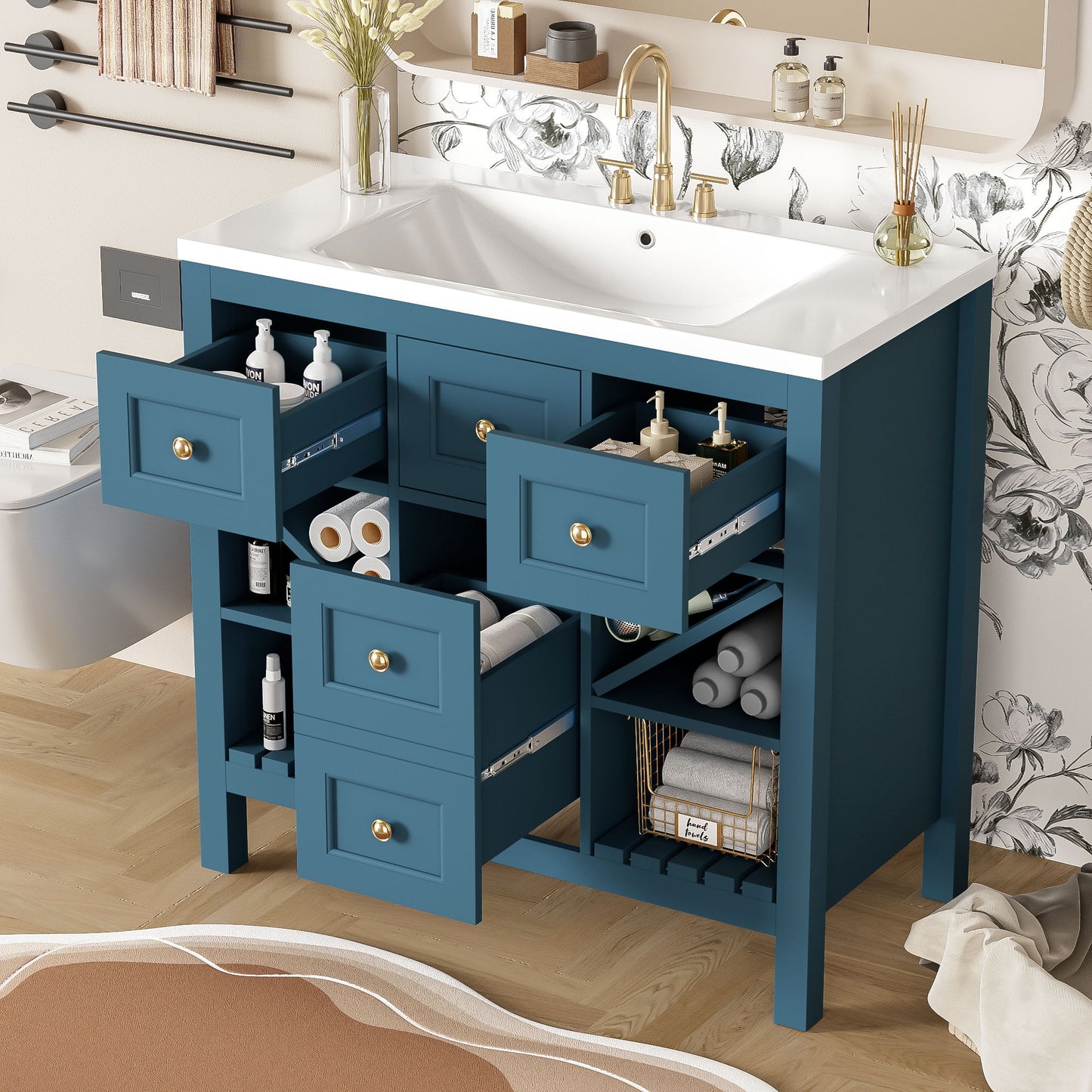 Bathroom Vanity With Resin Sink Combo, Freestanding Vanity Set With 5 Drawers