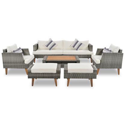 6 Pieces All Weather Sofa Set, Outdoor Rattan Sofa With Double Cushions