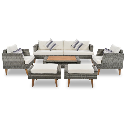 6 Pieces All Weather Sofa Set, Outdoor Rattan Sofa With Double Cushions